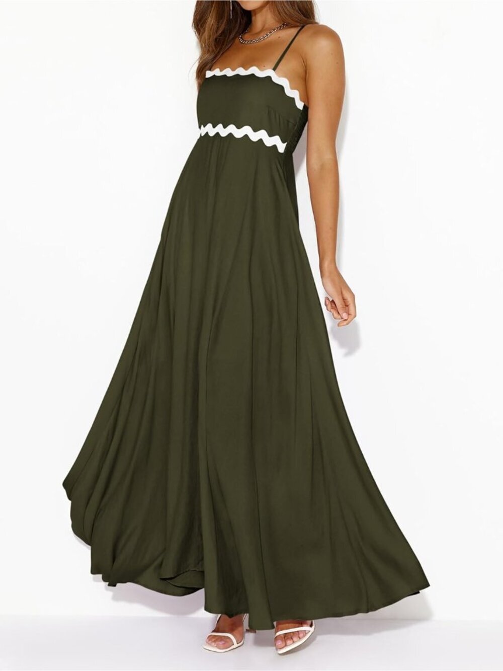 〽️Women's Army Green Spaghetti Strap Casual Sleeveless Smocked Boho Maxi Dress